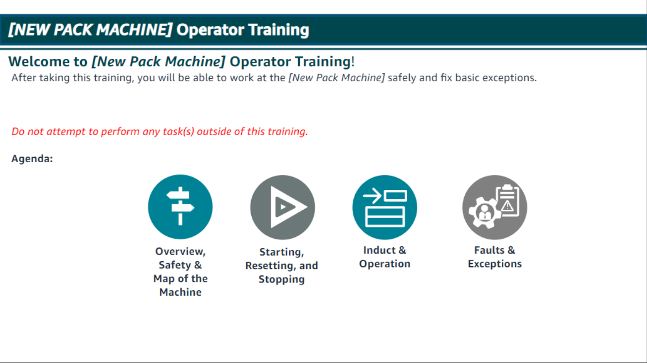 Training menu screen showing a sequenced course structure that mirrors the machine lifecycle, from overview and safety into startup, operation, and exception handling