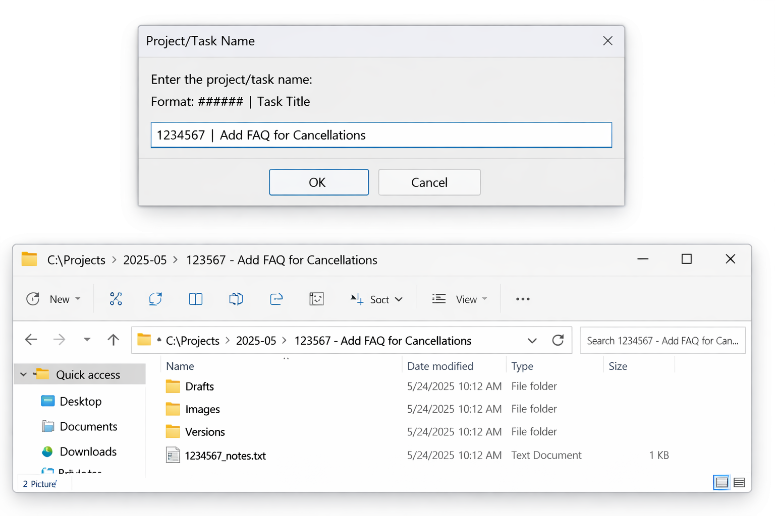Windows AutoHotkey dialog prompting for a project or task name, alongside the generated folder structure with Drafts, Images, Versions, and a notes file