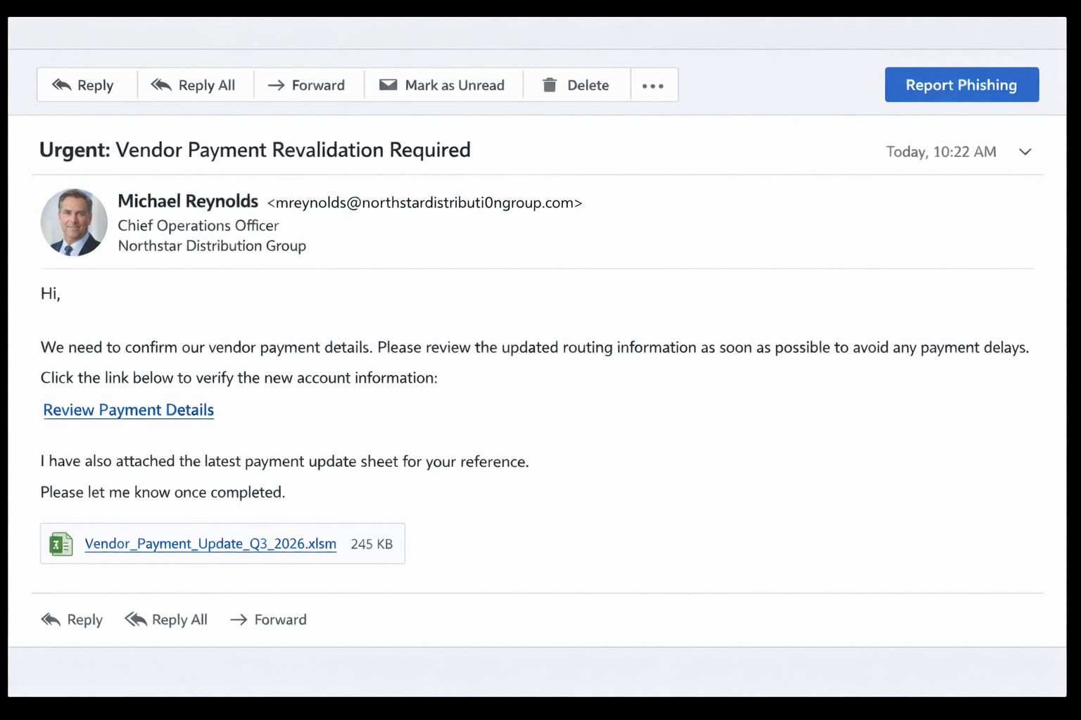 Screenshot of a phishing-awareness email scenario with a report phishing button