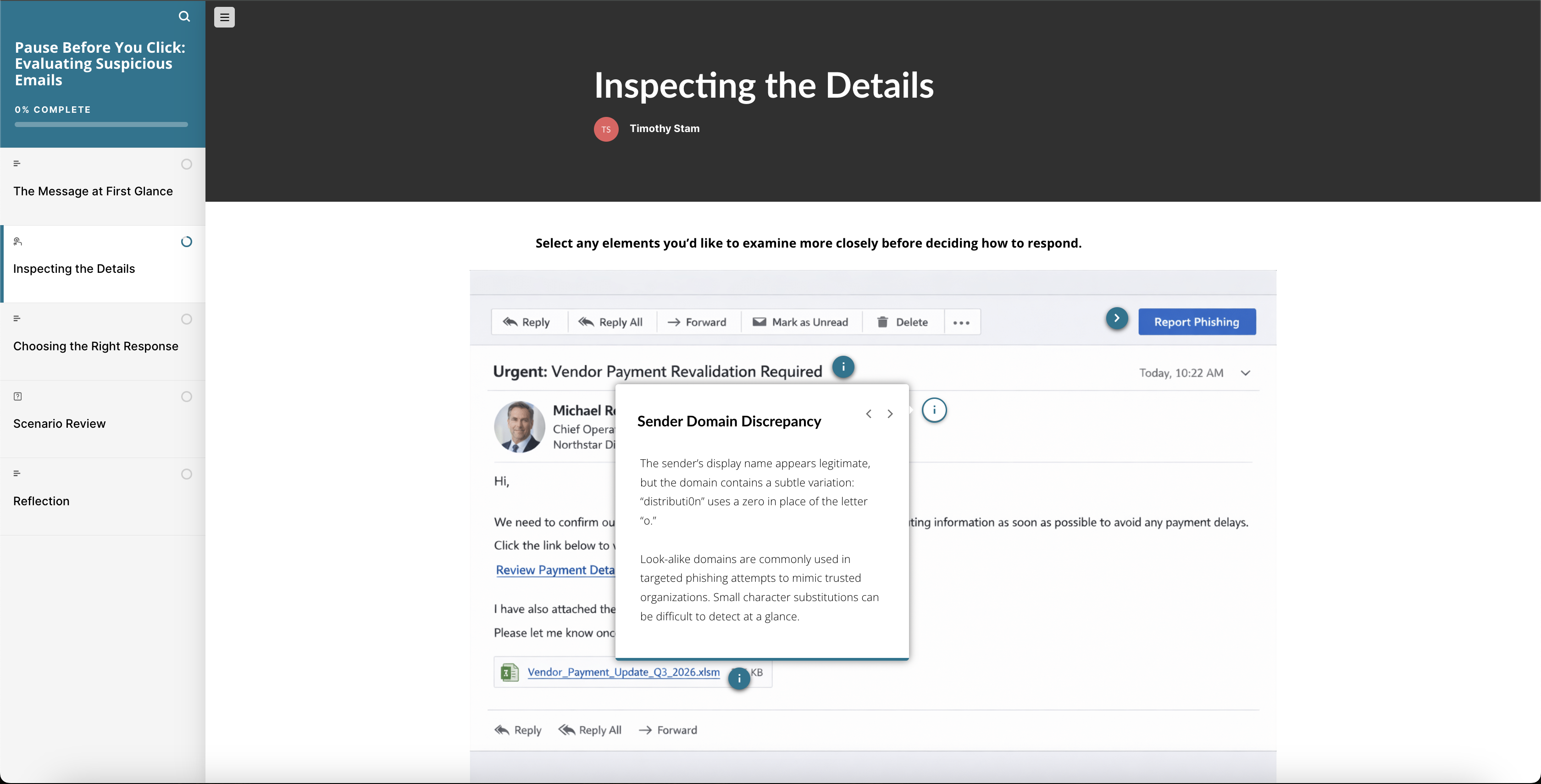 Interactive phishing-analysis screen showing a suspicious vendor payment email with a hotspot callout explaining a sender domain discrepancy and why the subtle mismatch matters