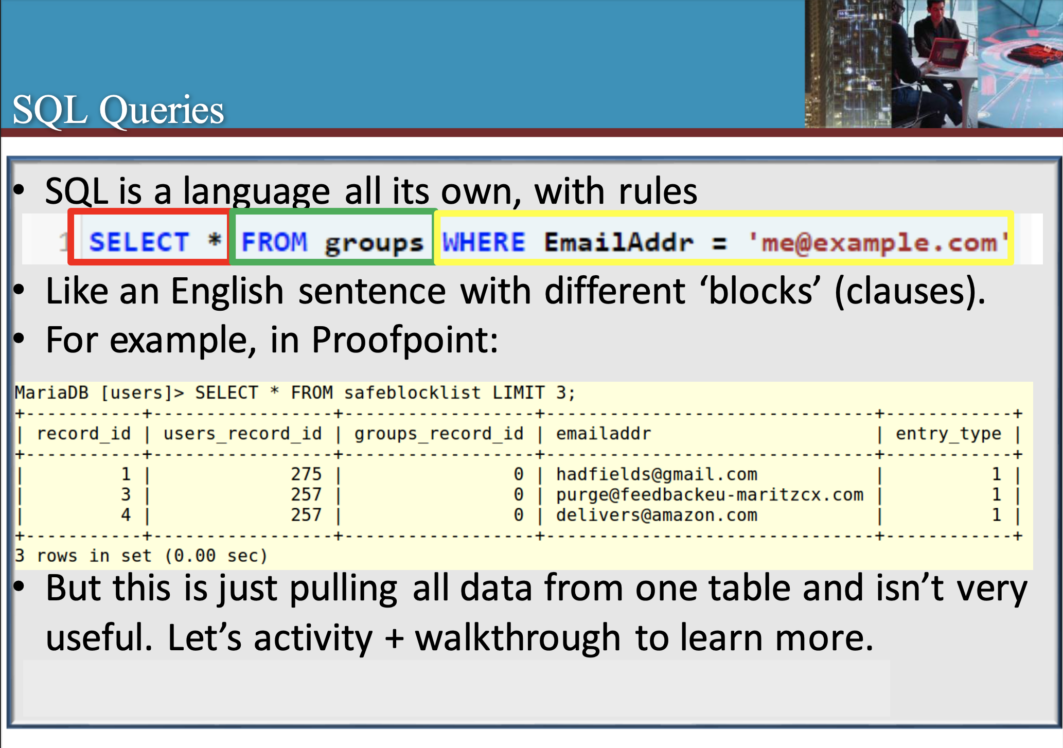 SQL training slide showing a practical example of SELECT with WHERE and AND, using returned data to build fluency in conditional filtering and result interpretation