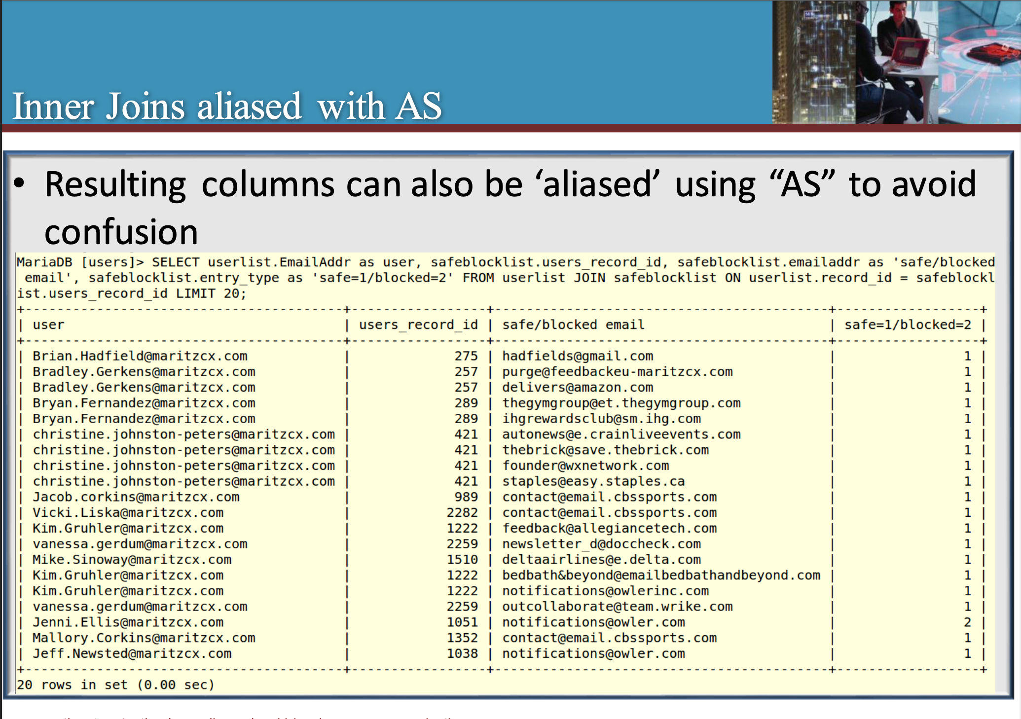 Applied SQL screen showing multi-table joins and aliased result columns, illustrating how learners transfer SQL skills back into realistic support investigation workflows