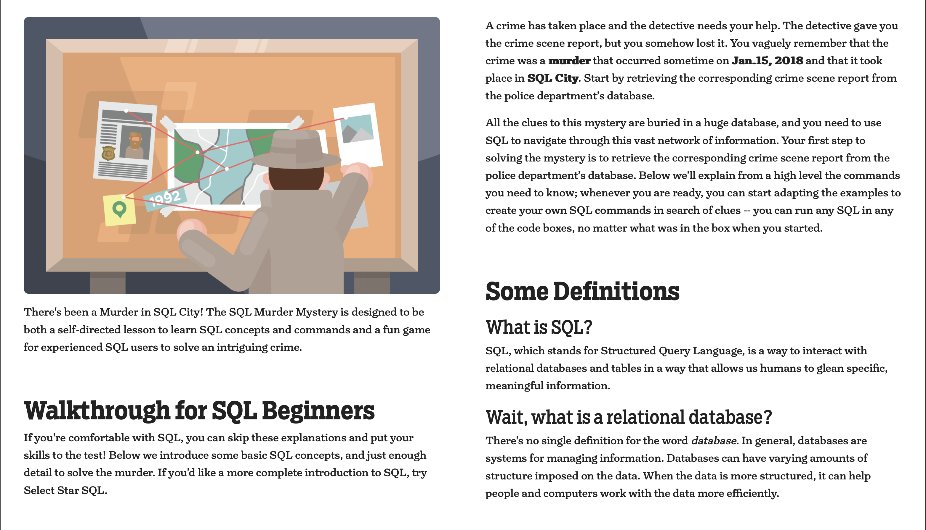 Instruction screen for the SQL Murder Mystery scenario lab explaining the investigation setup and asking learners to retrieve the missing crime scene report using SQL