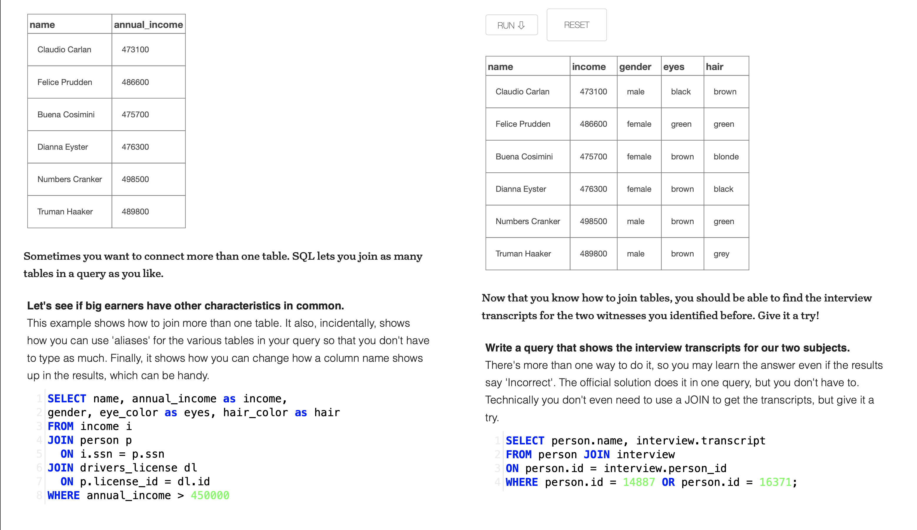 SQL Murder Mystery activity screen showing learners joining multiple tables and comparing results to identify patterns, witness clues, and suspects during the investigation