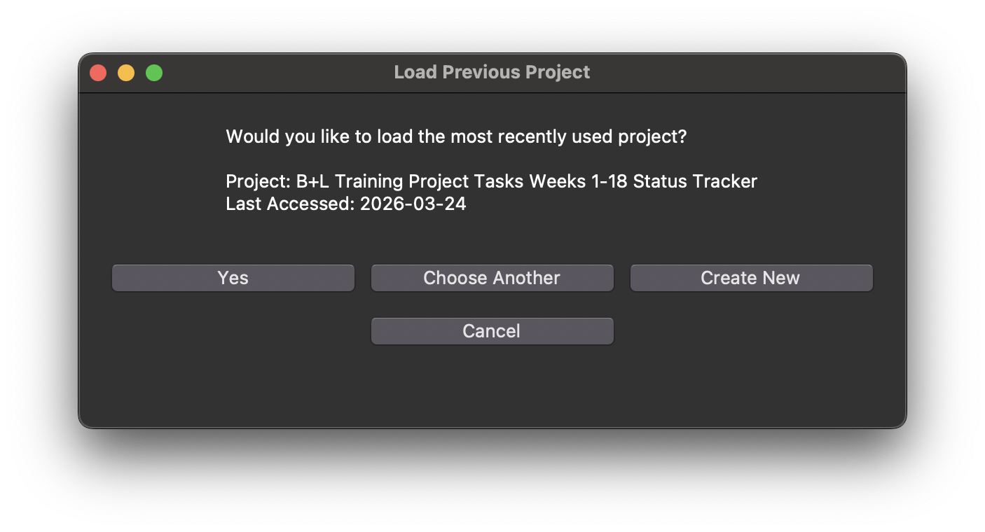 Load Previous Project dialog showing saved project recall