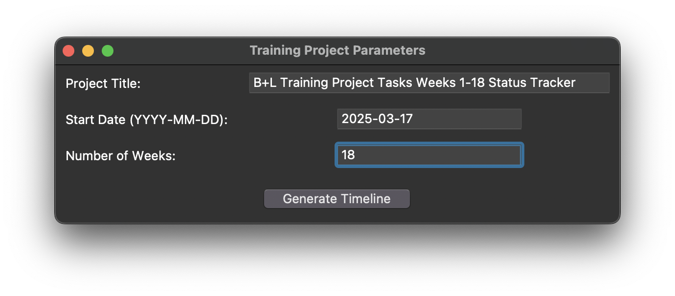 Project parameter entry screen for timeline generation